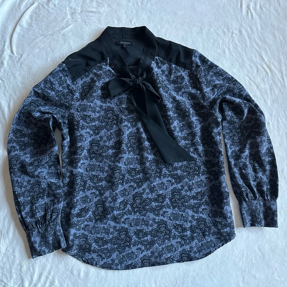 Scoop NYC Silk Large Black neck tie Dress Top - Picture 12 of 14